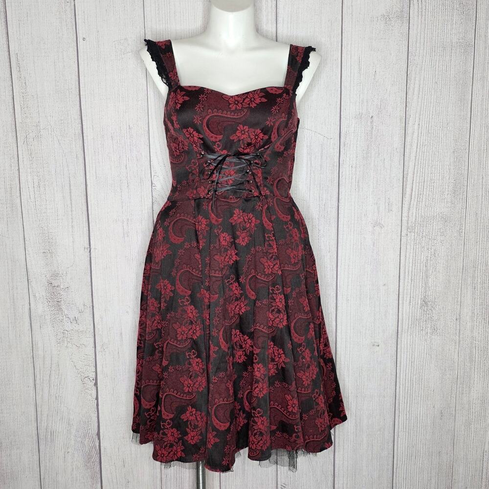 Hearts & Roses Corset Dress Gothic Lolita Black & Wine Red Floral, sz 12